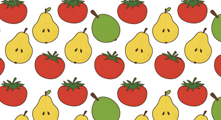 Seamless pattern featuring cartoon tomatoes pears in red yellow and green on white background