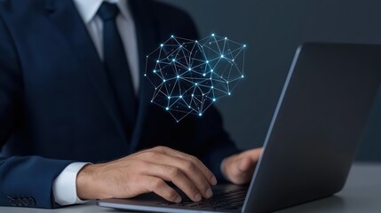 Professional man typing on laptop with digital network overlay representing technology and connectivity in modern business environment