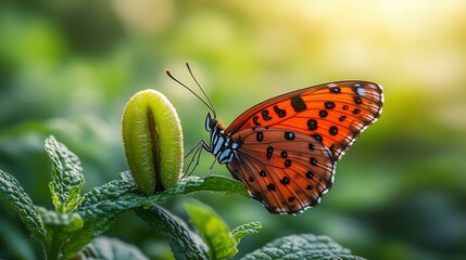 Vibrant butterfly resting on a new leaf bud in a lush natural setting