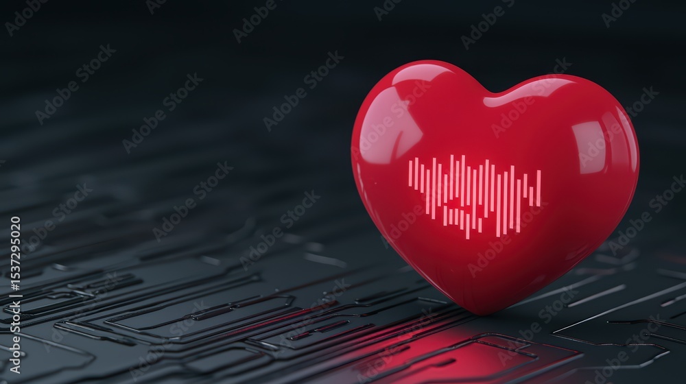 Poster 3d red heart with sound wave pattern on dark textured background in modern digital style