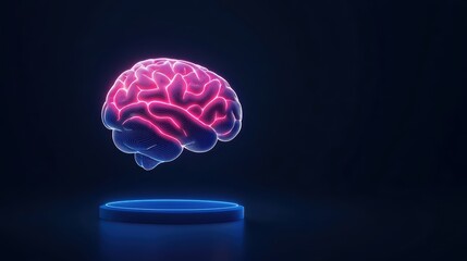Obraz premium Neon Brain Illustration on Dark Background with Blue Base for Creative Concepts of Intelligence and Technology