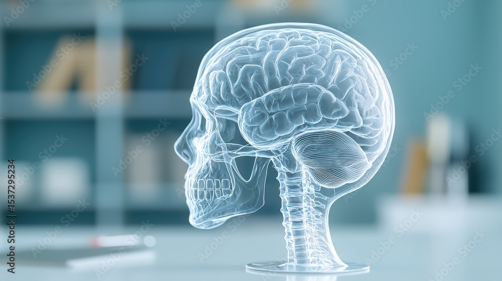 Poster 3d rendering of human skull with transparent brain structure in modern office setting with books and