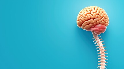 Human Brain Model with Spinal Column on a Bright Blue Background for Educational and Scientific Use