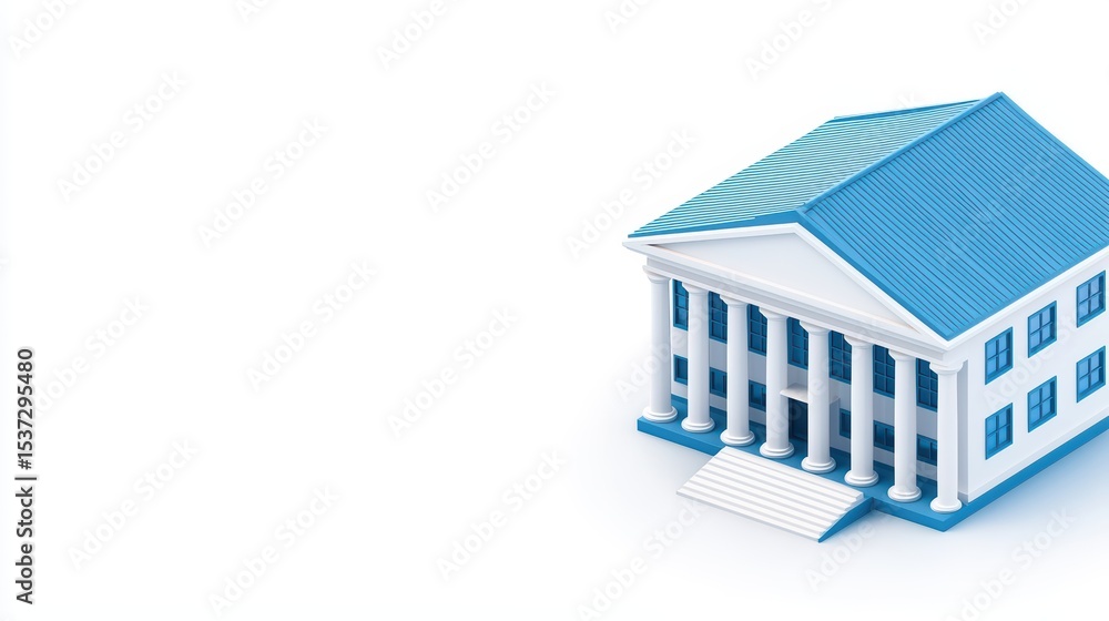 Poster elegant 3d model of a classical building with blue roof and white columns for architectural and educ
