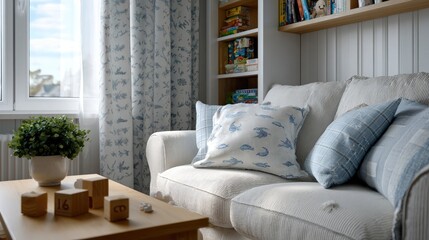 Obraz premium Cute sea animals decorate the nursery walls while light brown wooden furniture and soft lighting enhance comfort in the space