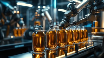 Automated bottling line, industrial robot placing bottle caps on amber glass bottles in a modern factory