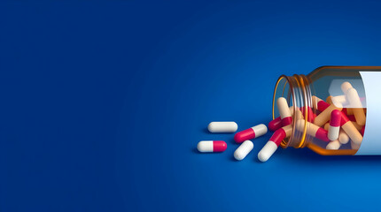 flask of medicine pills, capsule spilling out of the bottle. On Blue background