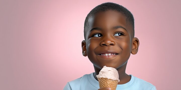 happy african american boy holding a ice cream. solid background. cinematic lighting and coloring