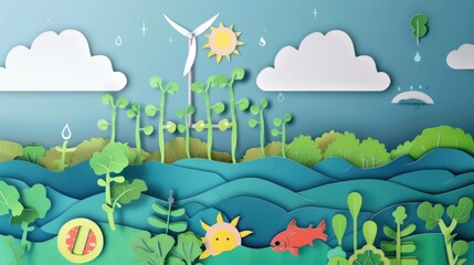 A conceptual view of Earth's renewable energy in sustainable hybrid transportation systems, illustrated in a hybrid transportation vitality art style, Simplified paper art illustration of