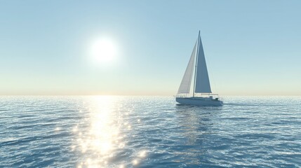 Sailboat with its sail fully extended, sailing through shimmering ocean water at midday