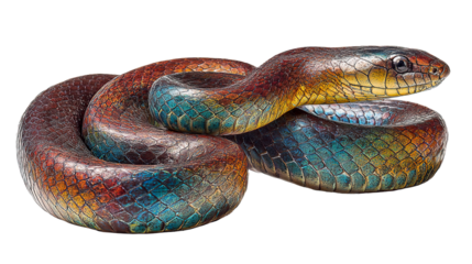 Close up of a rainbow snake coiled showing iridescent scales in vibrant colors on a dark setting on transparent background