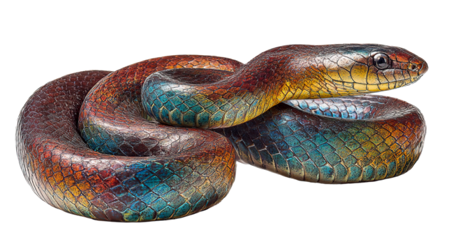 Close up of a rainbow snake coiled showing iridescent scales in vibrant colors on a dark setting on transparent background - Powered by Adobe