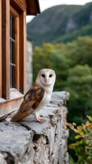 A brown and white owl rests on the window sill, surrounded by lush greenery as the sun sets, casting warm light over the hillside