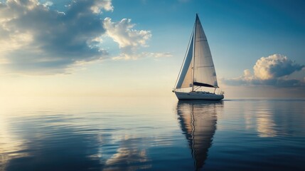 Fototapeta premium Slow-moving sailboat on calm sea with glassy water reflecting the boat's sail