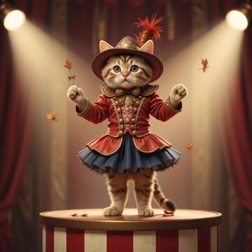 "Kitten wearing a vintage circus ringleader outfit, standing on a striped podium under a spotlight"
