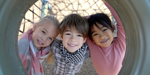 dynamic angle photo of 3 diverse happy kids on playground