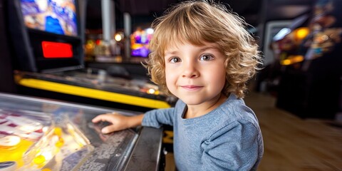 dynamic angle photo of happy kid playing pinball machine 