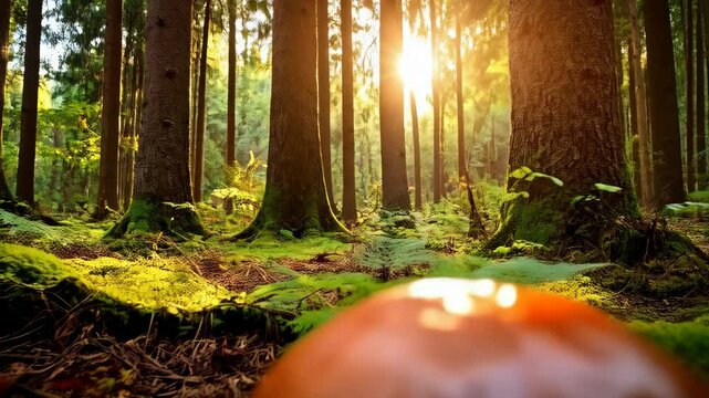 Big boletus mushroom on mossy forest floor with sunlight shining through trees, woodland nature, mycological and botanical beauty