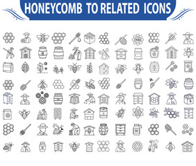 A collection of line icons featuring honeycomb, honey, beekeepers, wax, beekeeping tools, bumblebees, hives, apiaries, and apiculture elements. Editable stroke vector illustration.