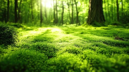 Fototapeta premium Bright green moss carpeting forest floor with filtered sunlight shining through trees