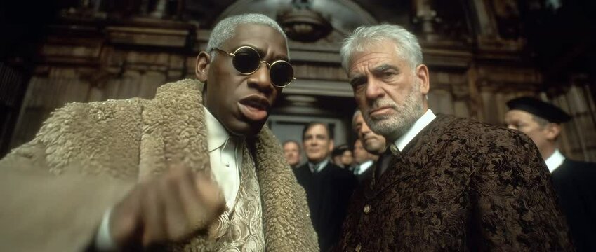 Stylized medium shot of two sharply dressed men surrounded by onlookers as one gestures with intensity, fisheye lens exaggerating proximity and cinematic drama