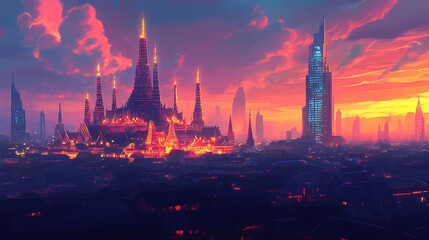 Fototapeta premium A futuristic cityscape at sunset, blending ancient architecture with modern skyscrapers.