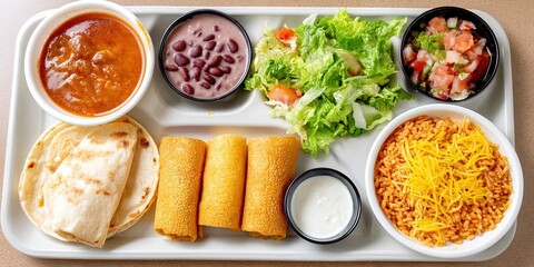 overhead photo of school cafeteria tray filled with typical mexican lunch 