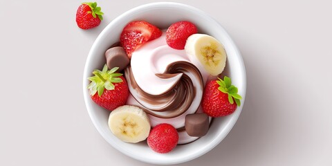 overhead photo of whirlpool of soft serve ice cream, strawberries, bananas, and chocolate 