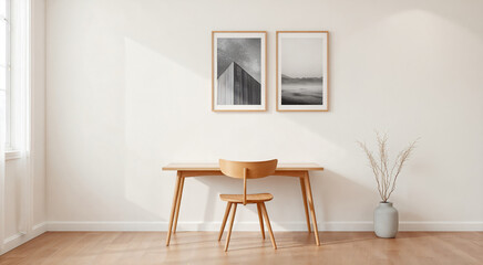 Minimalist home office with wooden desk and chair