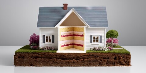 photo of a house with a slice cut out. Inside it is cake