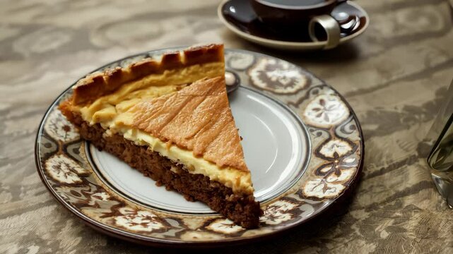 a scrumptious slice of pie on a beautiful plate is accompanied by a steaming cup of coffee. The tempting treat is perfect for a cozy afternoon.
