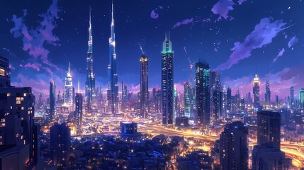 Obraz premium A nighttime cityscape panorama of illuminated skyscrapers.