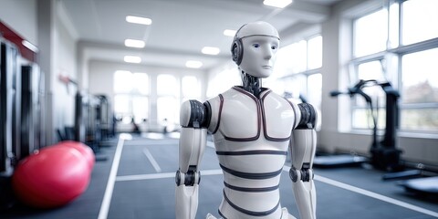 photo of ai robot dressed as coach in gym, dynamic angle