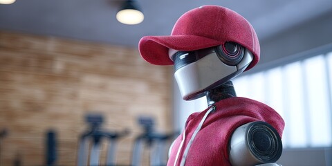 photo of ai robot dressed as coach in gym, dynamic angle