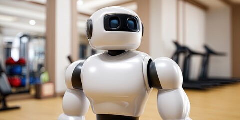 photo of ai robot dressed as coach in gym, dynamic angle
