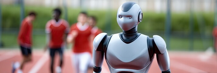 A humanoid AI robot competes with human athletes in physical fitness. Sports and technology concept