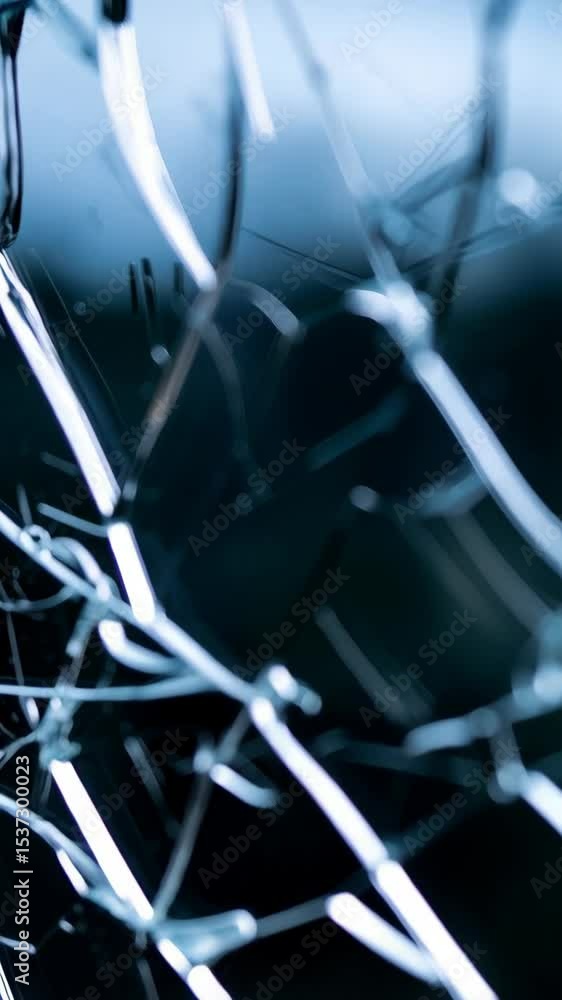 Poster close-up of shattered glass creating intricate patterns with sharp edges and light reflections in bl