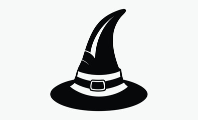 Halloween witch hat, old black hat, spooky hat silhouette, white background illustration