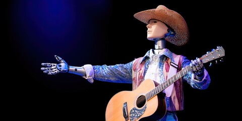 Obraz premium photo of ai robot dressed as country music star performing on stage 