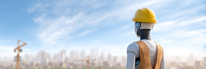 photo of ai robot dressed as construction worker. overlooking construction site 