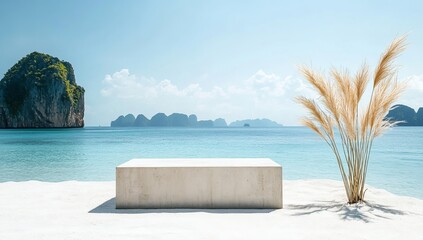 A modern and minimalist podium with tropical plants on the sides, set against an ocean backdrop. The background features the clear blue waters of Phuket's beach, surrounded by distant islands. 