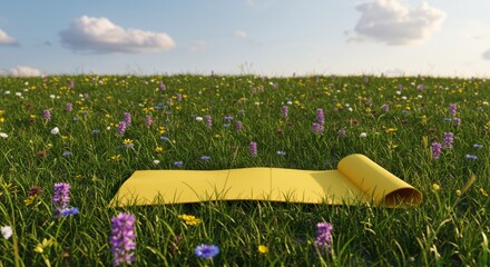 Yellow Yoga Mat on Vibrant Wildflower Meadow