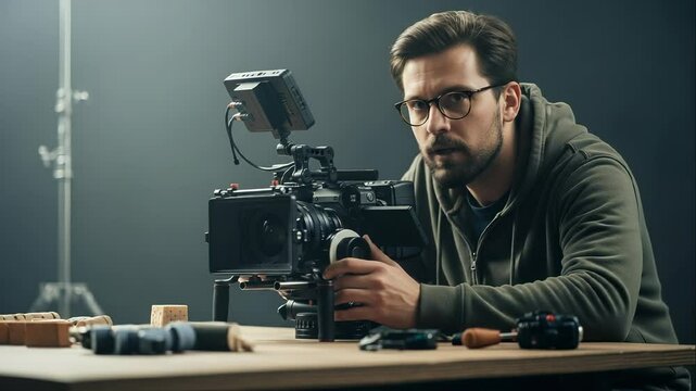 Young filmmaker adjusting a professional digital cinema camera on a tripod, preparing to capture a movie scene in a well equipped studio environment, showcasing dedication and skill