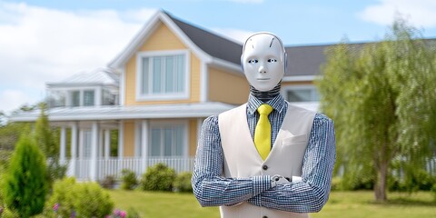 photo of ai robot dressed as real estate agent standing in front of house 