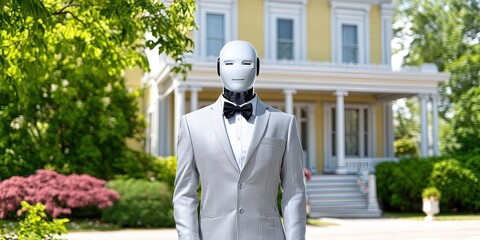 photo of ai robot dressed as real estate agent standing in front of house