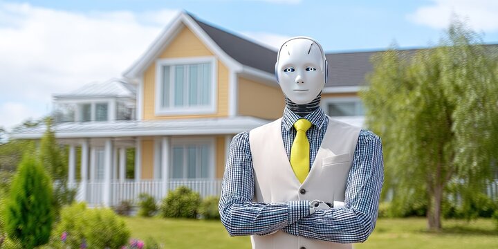 photo of ai robot dressed as real estate agent standing in front of house 