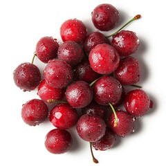 Fresh red cherries with water droplets arranged on a white background for a healthy snack