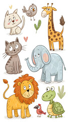 Naklejka premium An adorable array of cartoon animals, including two cats, a bird, a giraffe, an elephant, a lion, a turtle, and a small red bird. This charming and colorful illustration is perfect for children's them