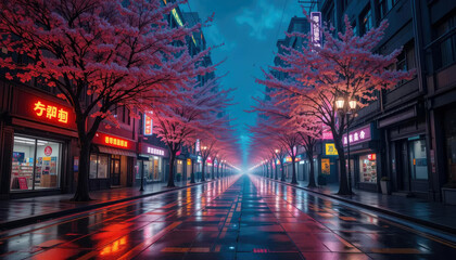 Obraz premium Neon-Lit Rainy Street with Cherry Blossoms and Urban Shops at Night