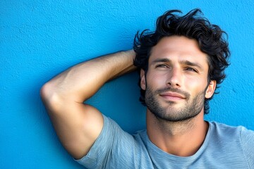 Obraz premium A refined and stylish man with a natural look. Creative of style for aging men. Modish men's textured crop haircut - midlife white man with black hair. Blue solid background.